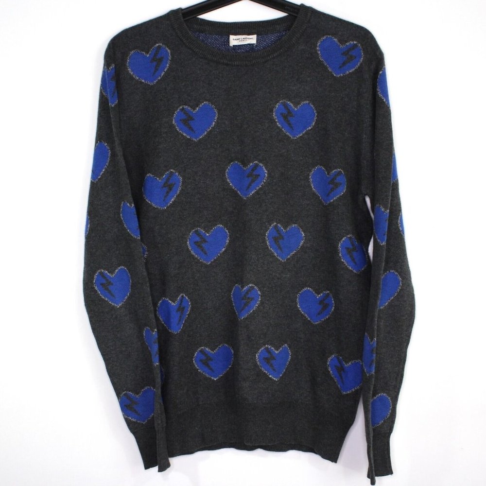 Saint Laurent Womens XL Heart And Lightning Bolt All Over Print AOP Sweater F997